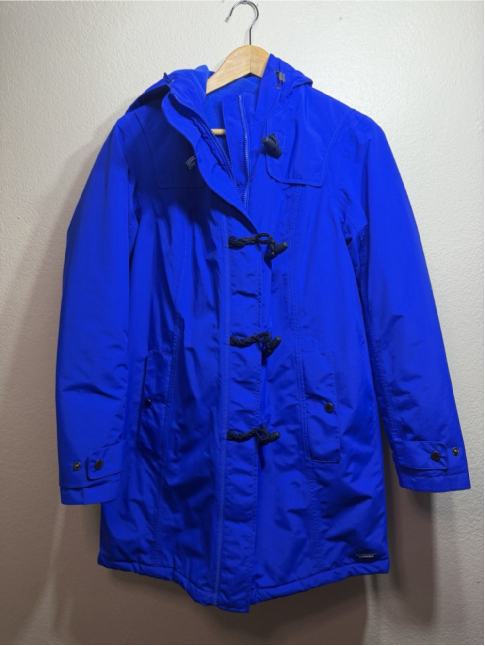 Lands End Women’s Squall Duffle Toggle Parka Hoodie Coat Medium Blue Winter Snow